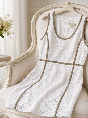 Sleeveless Dress | Michael Kors Sz 10 | Lace Sheath Style | White With Tan Trim